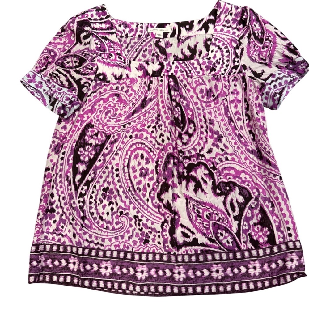Banana Republic Women L Y2K Boho Purple Paisley 100% Silk Square Neck Blouse Top